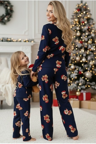 Siyah İnci %100 Pamuklu Şeker Baston Desenli Yılbaşı Temalı Örme Pijama Takım Lacivert Ayıcık