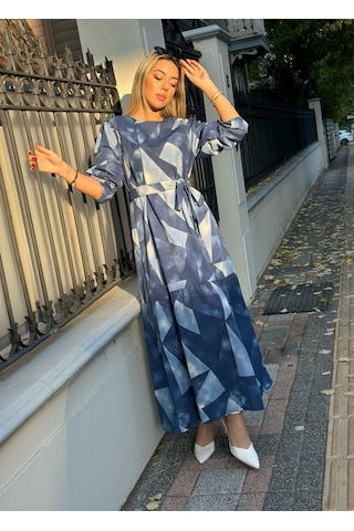 Etiler Collection Kadın Uzun Kollu Bisiklet Yaka Geometrik Desen Baskılı Kuşak Dahil Maxi Boy Elbise S