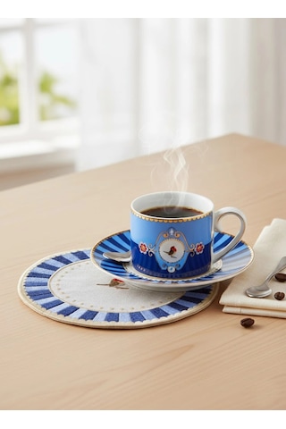 2'li Nakışlı Kuş Desenli Yuvarlak Kokteyl Peçetesi - Pip Studio Uyumlu Mavi Sunum Peçetesi 15cm Çok Renkli