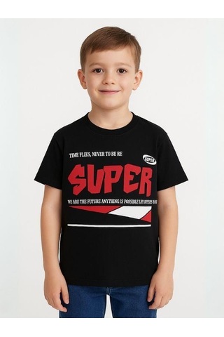 Çocuk Super Yazılı Pamuklu Oversize T-shirt-16016 SIYAH