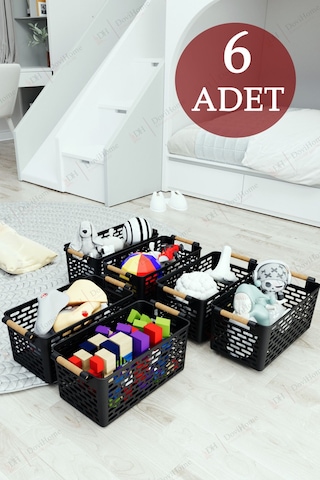 6 Adet Ahşap Saplı Görünüm Siyah Renk Plastik Mutfak Banyo Eşya Organizer Sepet Düzenleyici Set Siyah