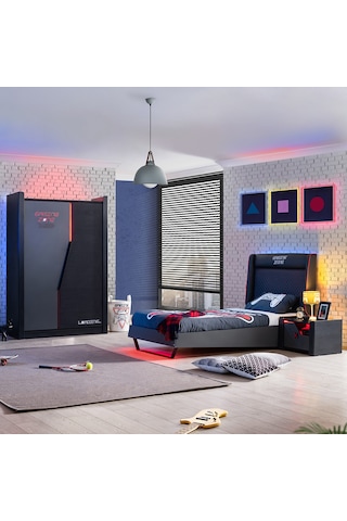 Gamer Ledli Genç Odası - 2 Kapaklı Dolap, Karyola, Komodin
