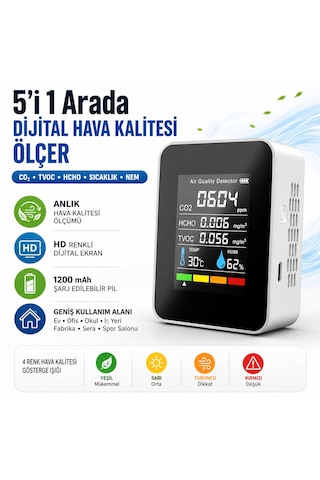 5'i 1 Arada Dijital Hava Kalitesi Ölçer Co2 Tvoc Hcho Sıcaklık Nem Ölçer Şarjlı Hava Kalitesi Dedektörü Hd Ekranlı Beyaz