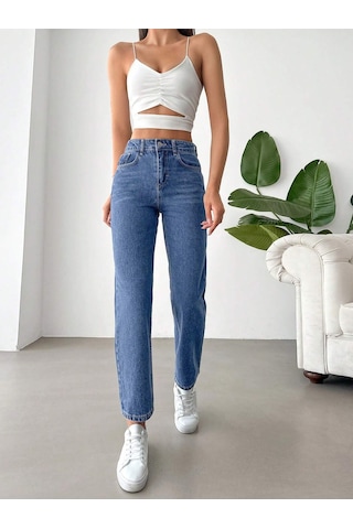 Yüksek Bel Koyu Yıkamalı Kadın Denim Pantolon Mavi