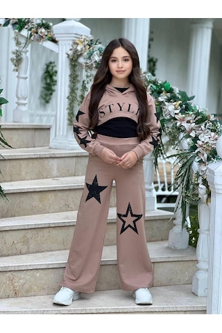 Star Style Kız Çocuk 3'lü Takım - 3/12 Yaş - 31517 Kahverengi