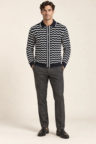 Tarz Cool Erkek Polo Yaka Zikzak Desenli Düğmeli Triko Hırka Akrilik Karışımlı Slim Fit Siyah