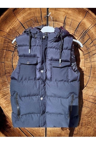 Çocuk Kapüşonlu Cep Detaylı Şişme Kalın Yelek-15008 Lacivert