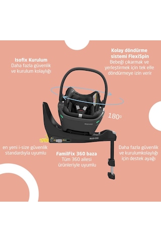Maxi-Cosi Coral 360 Dönebilir 2'si Bir Arada Modüler Ana Kucağı ve Oto Koltuğu Essential Black