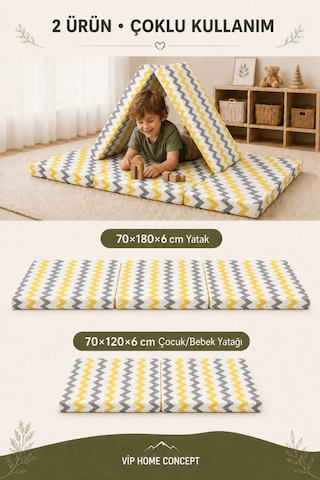 2 Li Katlanabilir Çocuk Oyun Minderi ve Yer Yatağı Seti 70x180 + 70x120 CM 6 CM - Sarı Gri Zikzak