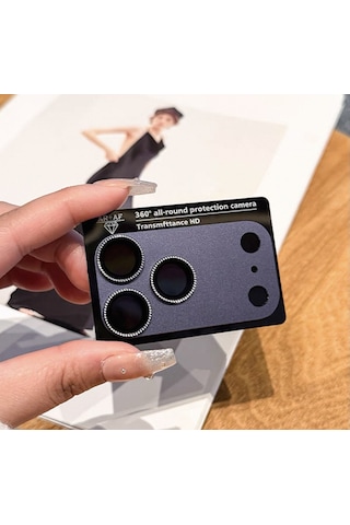 Apple Uyumlu iPhone 17 Pro - Safir Taşlı Lens Koruma Full Metal Kamera Koruması Tek Parça Lacivert