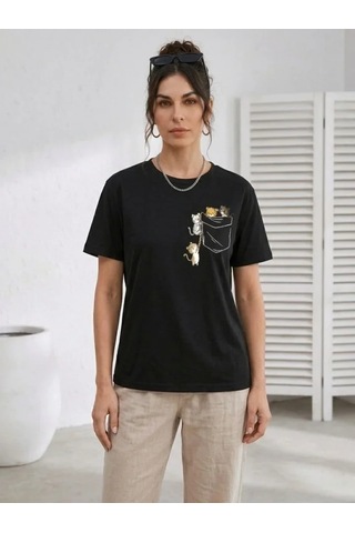Defymoda Sevimli Kedi Cep Baskılı Tişört Kısa Kol Yazlık T-shirt - Siyah
