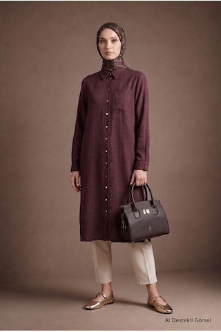 Armine Trend Boydan Düğmeli Cep Detaylı Gömlek Yaka Tunik Bordo 26kt461