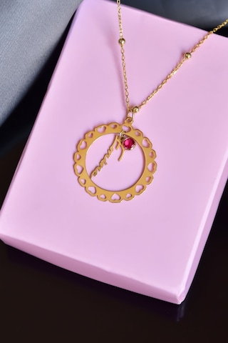 Papatya Silver 925 Ayar Gümüş Gold Kaplama Doğum Taşlı Kalpli Çerçeveli İsimli Top Zincirli Kolye