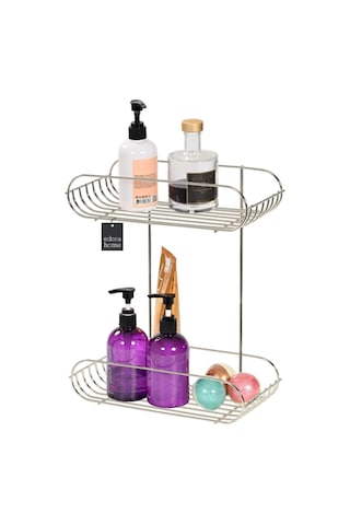 Parlak Silver 2 Katlı Sabunluk Şampuanlık Banyo Köşeliği Paslanmaz Metal Gümüş