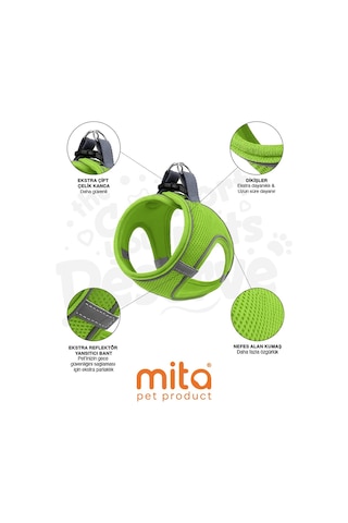 Mita Air Mesh Kedi Köpek Göğüs Tasması Çift Reflektörlü, Terletmeyen Neon Yeşil