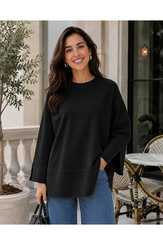 Unika Boutique Kadın Oversize Yırtmaçlı Uzun Kollu Salaş Bluz siyah