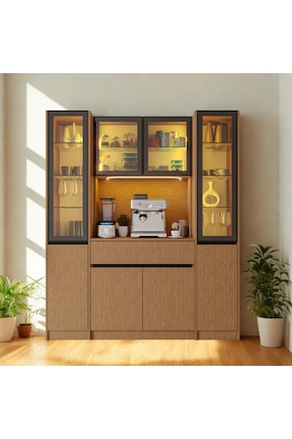 Nordıc Wood Led Li Kahve Köşesi Ünitesi Maxı Çift Vitrinli Füme Cam Komple Mdf Geniş Mutfak Dolabı Kahverengi