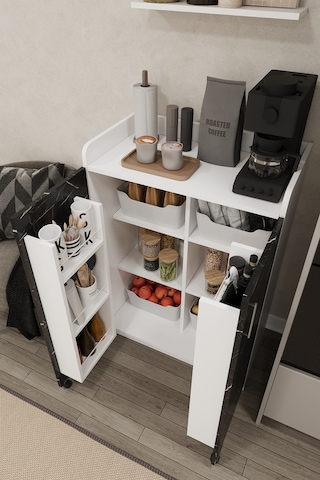 Asra Trend MK-11 %100 MDF 80x102 cm Çok Amaçlı Mutfak Kiler Dolabı Kapak İçi Raflı Kahve Köşesi Beyaz Royal Mermer