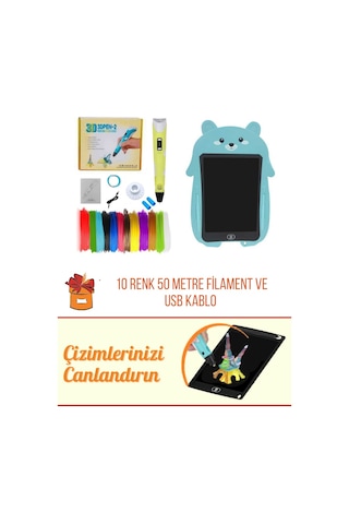 Sarı 3D Kalem 3D Pen Yazıcı Kalem | 50 Metre PLA Filament + Grafik Tablet + USB Kablo