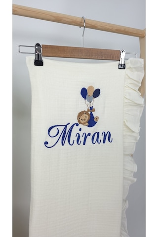 Gros Shop Müslin Yeni Doğan 4katlı Organik %100pamuk Kişiye Özgü Nakışlı Hastane Çıkış Seti Balonlu Aslan-4 Ekru