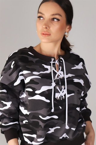 Sweetness Kadın Kamuflaj Desenli Önü Bağcıklı Oversize Sweatshirt SIYAH