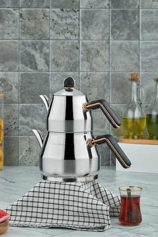 Everest 18/10 Paslanmaz Çelik Orta Boy Çaydanlık 0,75 L Demlik 1,75 L Alt Hazne Siyah