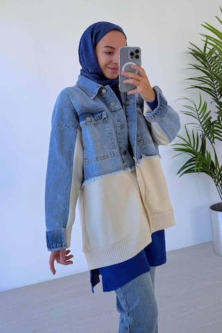Ka Hijab Jean Detaylı Düğmeli Triko Hırka Mavi