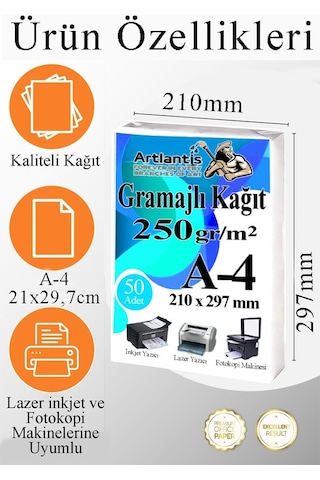 A4 Gramajlı Fotokopi Kağıdı 50 Adet 250 Gr Sertifika Kağıdı Kalın Kağıt Baskı Tüm Yazıcılara Uyumlu 21x29.7cm Ofis Büro