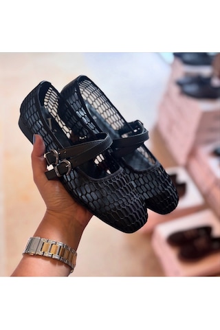 Ne&ve Shoes Siyah File Kadın Kare Burunlu Çapraz Bantlı Günlük Rahat Babet