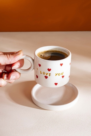 Rivaistanbul I Love You Amore El Yapımı Seramik Double Kahve Fincanı Mug Kupa Krem
