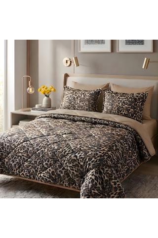 Safari Luxe Çift Kişilik Leopar Desenli Uyku Seti Cappuccino