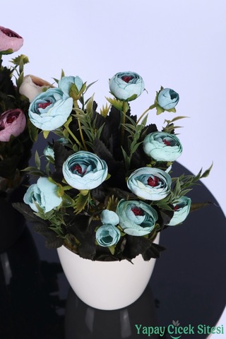 Yapay Çiçek Sitesi Plastik Saksıda Yapay Tomurcuklu Ranunkulus Tanzimi 2'li Set 30 Cm Pembe Krem - Turkuaz