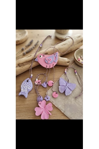El Yapımı Taş Tozu Süs Seti - Pembe Kuş Kelebek Balık Çiçek Dekoratif Asılabilir Obje 4'lü Set