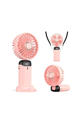 Şarjlı El Vantilatörü - Led Dijital Ekranlı 5 Kademe Rüzgar Hızlı Mini Masaüstü Fan, Boyun Askılı Katlanabilir Şarj Edilebilir Taşınabilir Vantilatör, Telefon Standlı Type-c Şarjlı Pembe