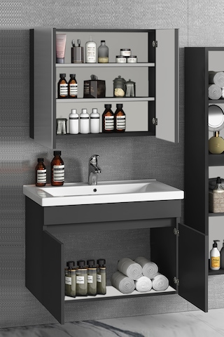 Çiğdem 80+35 Cm Antrasit Gri Mdf Sepetli Asma Banyo Dolabı Takımı Antrasit - Gri