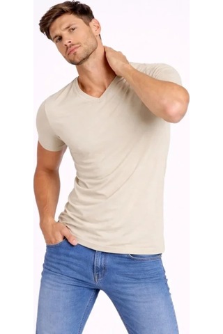 Butik İstanbul Erkek T-shirt V Yaka Slim Fit Dar Kesim Likralı Tişört Günlük Basic Body - Taş