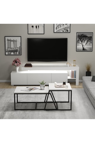 Beliz LED Işıklı TV Sehpası ve Minimal 2'li Orta Sehpa Takımı – Beyaz – Modern Oturma Odası Seti