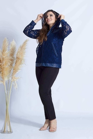 Moda Berray 4031 Lacivert Fermuarlı Derili Kombin Dantel Büyük Beden Ceket Lacivert