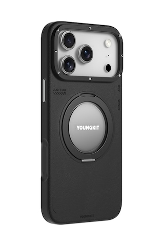 Apple Uyumlu iPhone 17 Pro Kılıf M-safe 360 Standlı Basit Mat Deri Desenli Youngkit Tech Leather Seri Kapak Siyah Siyah