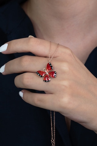 Gümüş Kırmızı Mineli Kelebek Kolye Wsn269