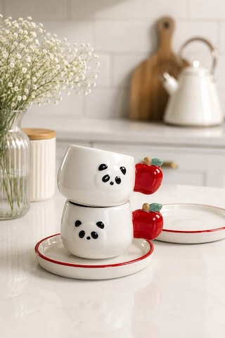 Panda Desenli Kiraz Kulplu 2'li Kahve Fincanı 140 Ml Beyaz
