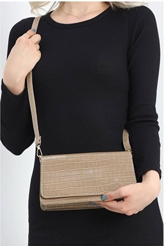 Lovelystore Kroko Desenli 3 Gözlü Günlük Kadın Mini El & Omuz Çantası 24x12 VİZON
