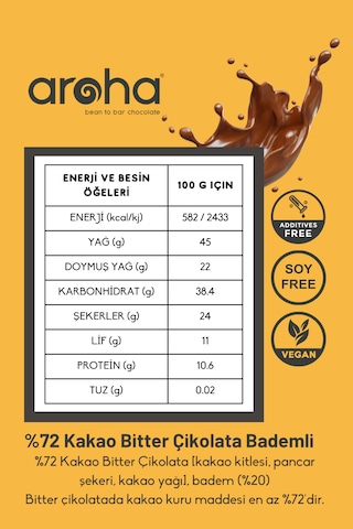 %72 Kakao Bademli Bitter Çikolata 100 G X 6 Adet