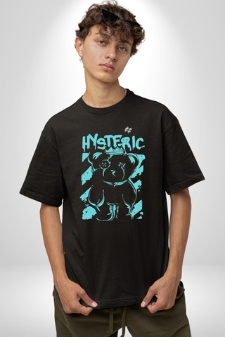 Histerik Pamuklu Bisiklet Yaka Unisex Oversize Boyfriend Dijital Baskılı Siyah T-shirt Siyah