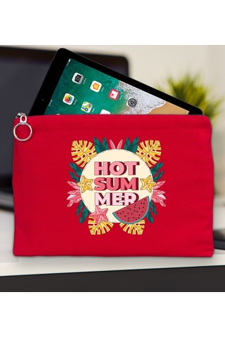 Bk Gift Yaz Temalı-8 Kırmızı Tablet Çantası 30x21cm, Apple iPad Uyumlu Çantası, Baskılı Tablet Kılıfı Kılıf