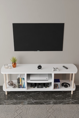 Modern Tv Ünitesi Ahşap Raflı 2 Katlı 4 Raflı Televizyon Sehpası Televizyon Ünitesi Beyaz