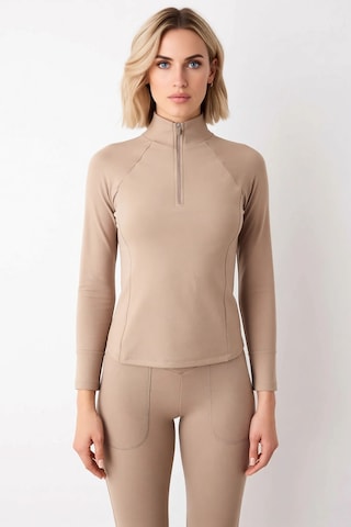 Benerly Kadın Dik Yaka Fermuarlı Reglan Kol Uzun Kollu Fitted Örme Sweats Vizon