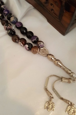 Rahan Akik Tesbih Tespih Akik Doğal Taş Tesbih Gümüş İmameli Ahşap Kutulu 10 Mm Akik Mavi Beyaz Çok Renkli