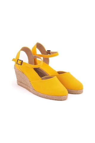 Star Tombis Gerçek Elişi Topuğu Açık Bilekten Bantlı Dolgu Topuk Keten Hasır Espadril Handmade Sarı