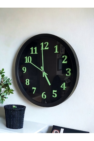 Fosforlu Gece Karanlıkta Parlayan Siyah Duvar Saati Çap 30 Cm Siyah
